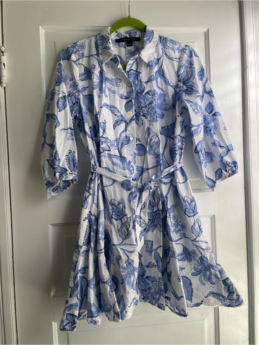 Cynthia Steffe Women's Floral Button Down Flare Shirt Dress Blue White Size M